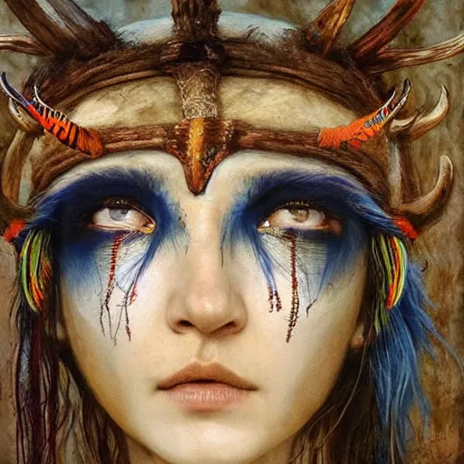 Image similar to A young female shaman blindfolded with a decorated headband like heilung, blue hair and antlers on her head, made by Esao Andrews and Karol Bak and Zdzislaw Beksinski