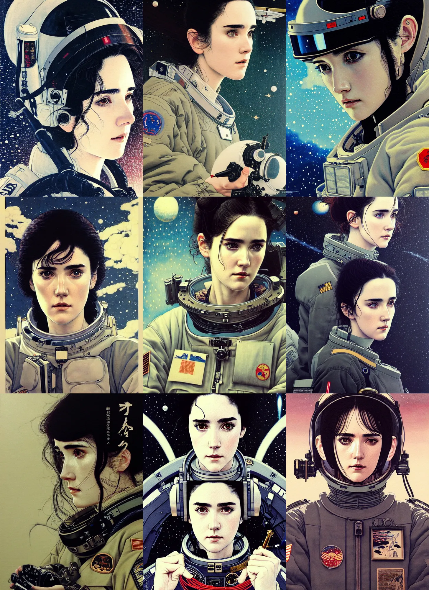 Prompt: a beautiful ukiyo painting of young jennifer connelly as a military space pilot, wearing space techwear, detailed close up portrait, intricate complexity, concept art, by takato yamamoto, wlop, krenz cushart. cinematic dramatic atmosphere, sharp focus