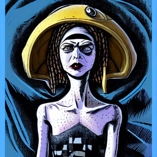 Image similar to portrait of girl wearing the sandman helmet, in the style of enki bilal and dave mckean