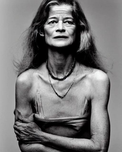 Prompt: The beautiful young actress Charlotte Rampling as the greek Fate Clotho, one of the weavers of Destiny, photographed in the Style of Annie Leibovitz , studio lighting