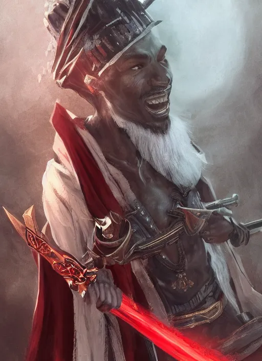 Image similar to a highly detailed illustration of african priest with short white hair, wearing cross on robe, wielding red blades made of blood, evil standing smiling pose, gothic church background, muscular, intricate, elegant, highly detailed, centered, digital painting, artstation, concept art, smooth, sharp focus, league of legends concept art, WLOP
