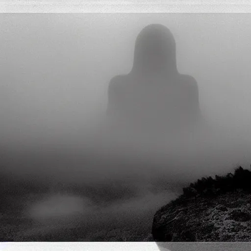 Image similar to old black and white photo of a distant giant monster peeking through the fog, creepy, scary, surreal,