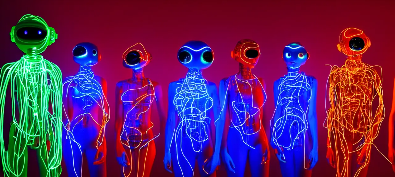 Prompt: beauty, three eyed humanoid cybersuits, vivid colors, thin glowing wires, beautiful lighting