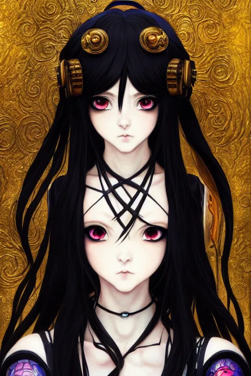 Image similar to portrait of beautiful young gothic anime maiden, cute-fine-face, pretty face, realistic shaded Perfect face, fine details. Anime, cyberpunk, Warhammer, highly detailed, cyberpunk, Warhammer, highly detailed, cyberpunk, Warhammer, highly detailed, artstation, illustration, art by Ilya Kuvshinov and Gustav Klimt and Gustav Klimt and Gustav Klimt and Gustav Klimt