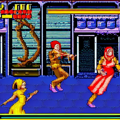 Prompt: portrait of babushka in double dragon video game splash screen