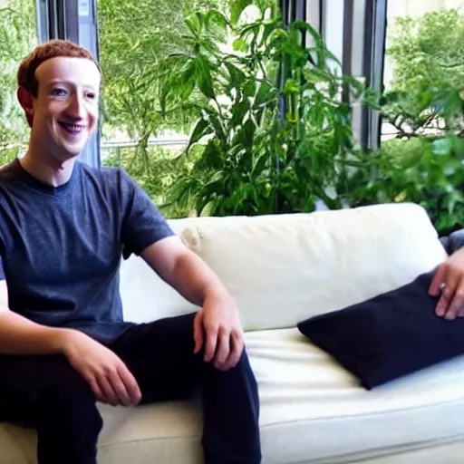 Image similar to mark zuckerberg sitting on a green sofa showing off a ziplock full of weed, blurry, low res