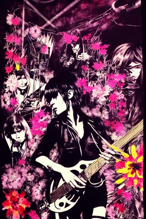 Image similar to the velvet underground and nico playing live on stage at a night club, beautiful stage decoration with flowers in the background, painting by yoji shinkawa, very detailed and colorful and toned down and ornamental and moody and cool and relaxed and high on drugs, trending on artstation, behance contest winner