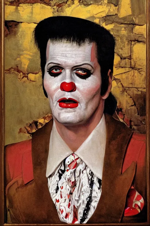 Image similar to a closer personal portrait of!!!!!! clownvis presley!!!!!! very charismatic. in the old ancient temple. masterpiece, dark. painted by norman rockwell and james gurney