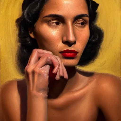 Prompt: A Hearts of Iron IV portrait of a Cuban young woman with high cheekbones. Good bone structure. Dressed in 1940s style. Highly detailed, fine Art, high detail, great lighting, 8k resolution, masterpiece, concept art, illustration, clear eyes, painting oil on canvas, octane render, HDR, trending on artstation, 4k, 8k, HD