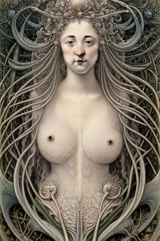 Prompt: detailed realistic beautiful porcelain nature goddess portrait by jean delville, gustave dore, iris van herpen and marco mazzoni, art forms of nature by ernst haeckel, art nouveau, symbolist, visionary, gothic, neo - gothic, pre - raphaelite, fractal lace, intricate alien botanical biodiversity, surreality, hyperdetailed ultrasharp octane render