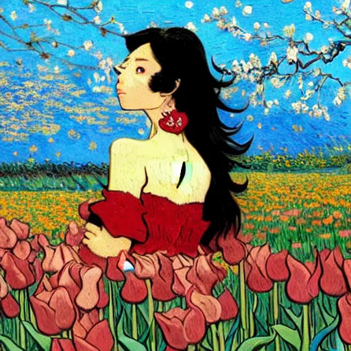 Image similar to beautiful dark skinned mexican woman, dancing in a field of tulips and baby's breath, prominent, rosy cheek bones, black hair and brown eyes, van gogh art style, art by hayao miyazaki, makoto shinkai