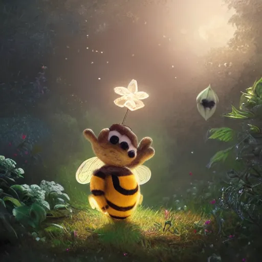 Image similar to A cute Bee in a garden, huggy wuggy from poppy playtime video game, fullbody, ultra high detailed, glowing lights, oil painting, Greg Rutkowski, Charlie Bowater, Beeple, unreal 5, DAZ, hyperrealistic, octane render, RPG portrait, dynamic lighting, fantasy art, beautiful face