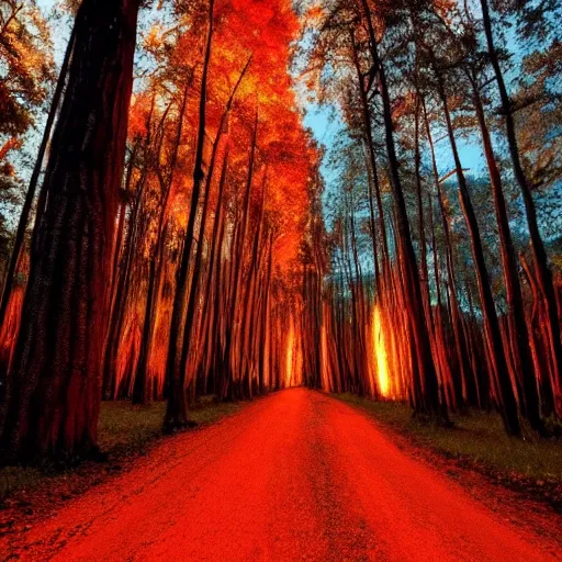 Prompt: forest at night fiery trees lighting the road littered with piles of bones