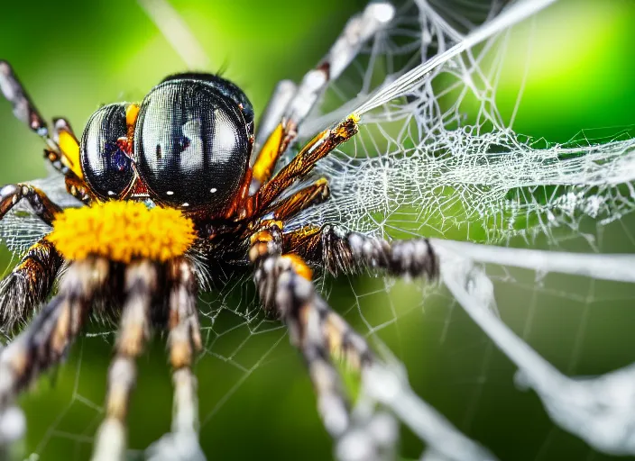 Prompt: super macro of a crystal spider with big eyes sitting on a flower, in the forest. Fantasy magic style. Highly detailed 8k. Intricate. Nikon d850 300mm. Award winning photography.