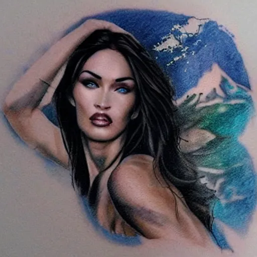 Image similar to realistic tattoo sketch of megan fox face double exposure with a mountain scenery, in the style of matteo pasqualin, amazing detail, sharp