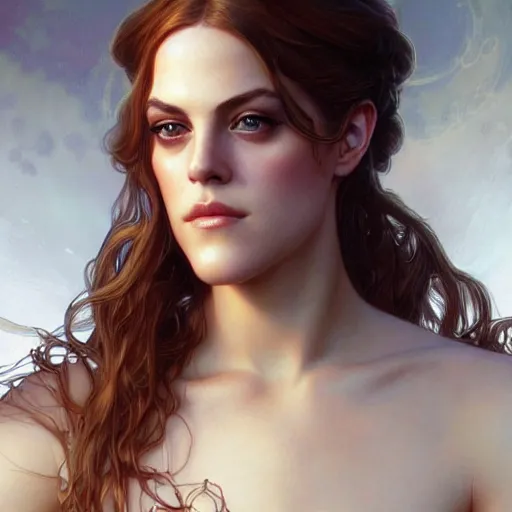 Image similar to beautiful young riley keough, closeup, d & d, fantasy, intricate, elegant, highly detailed, digital painting, artstation, concept art, matte, sharp focus, illustration, art by artgerm and greg rutkowski and alphonse mucha