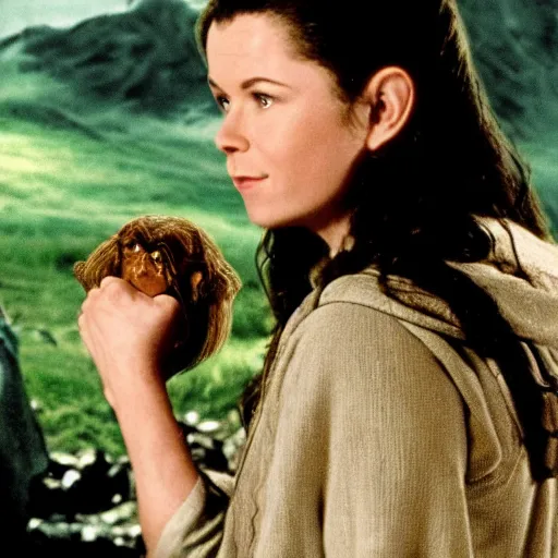 Image similar to lorelai gilmore in lord of the rings kissing gollum