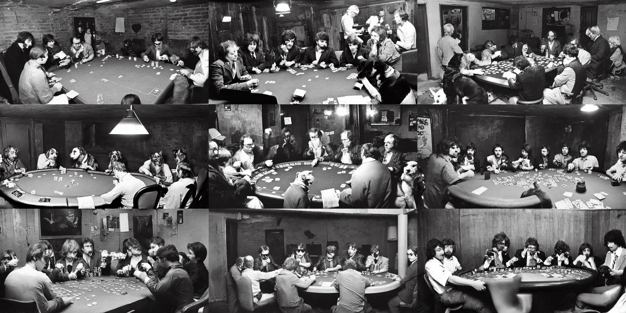 Prompt: a photograph of a group of random dogs playing poker in a basement in 1980's New York.