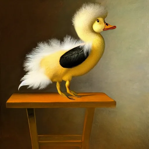 Image similar to still life painting of a yellow laughing duck rabbit with a jumping horse on a white table, high contrast lighting, impressionism, real fur, real feather