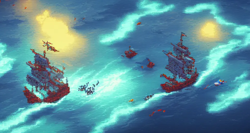 Prompt: Pixelart of a pirates battles in the ocean, volumetric lighting, digital pixel art, pixiv, by Aenami