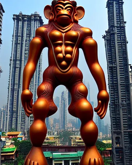 Image similar to high quality 3 d neo futurist biomorphic hanuman! head building in mumbai!! centre, highly detailed, cinematic smooth, berenice abbott & john j. park, dramatic warm morning light, wide shot, high angle, uhd 8 k, sharp focus