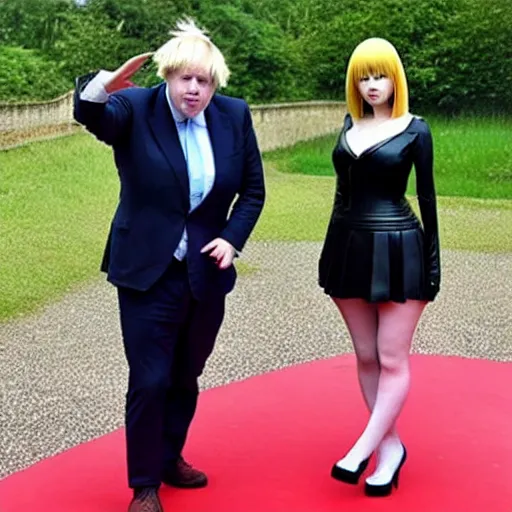 Image similar to boris johnson is wearing a latex suite, anime, manga, shiny, mijoo