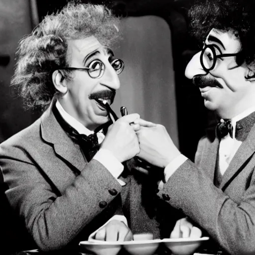 Prompt: harpo marx and groucho marx dines together. harpo marx does not wear a moustache