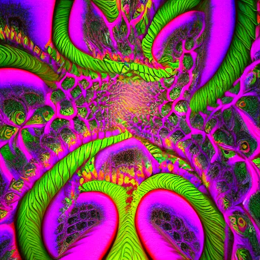 Prompt: an organic fractal construction made of psychedelic LSD DMT open eye visuals, Shpongle, unreal engine cinema4ad