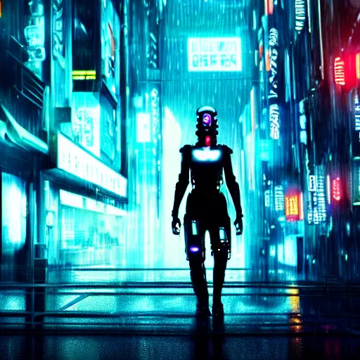 Image similar to jennifer connely as a cyborg in a cyberpunk movie in a distopic futuristic city in the style of bladerunner, movie still, highly detailed, rainy night, volumetric lights, dramatic, scifi