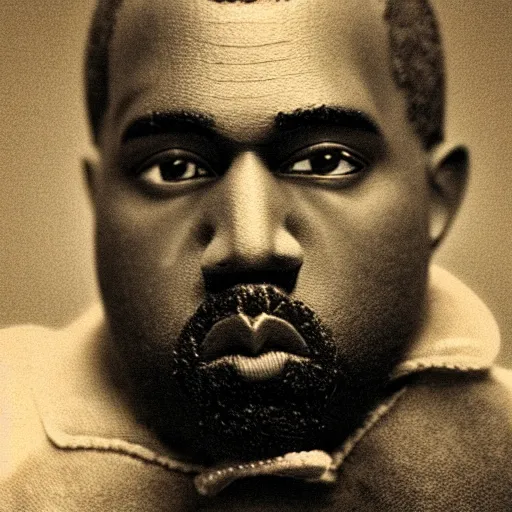 Image similar to Portrait studio photograph of Kanye West holding a anthropomorphic teddy bear, close up, shallow depth of field, in the style of Felice Beato, Noir film still, 40mm