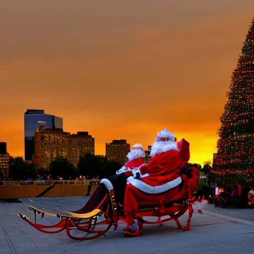 Image similar to santa claus in a sleigh in front of world trade center with a beautiful sunset in the background