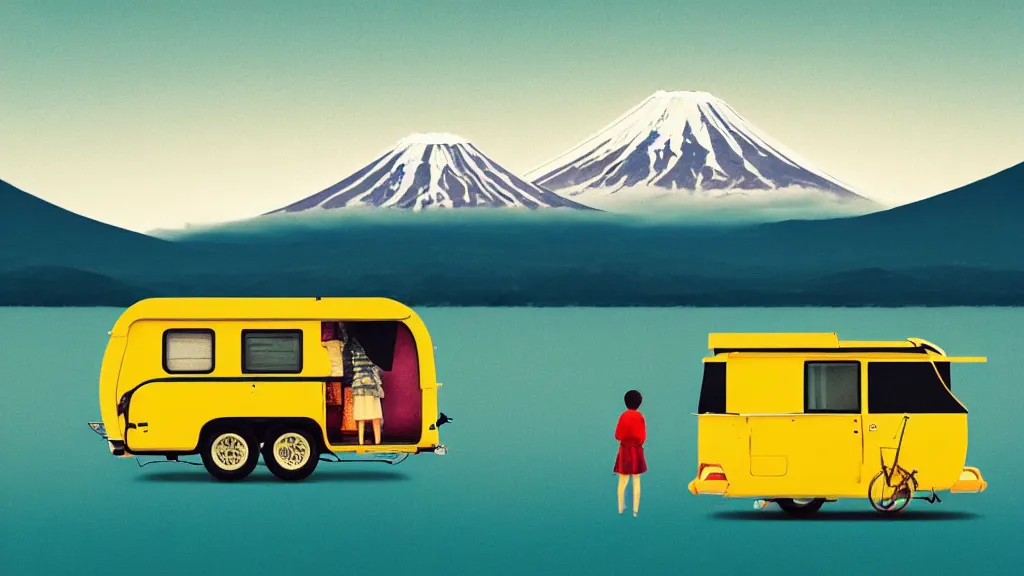 Prompt: a scene of two travellers and their camper touring at yamanaka lake, reflecting mount fuji, japan, a collage painting, in the style of wes anderson, lola dupre, david hockney, isolated on negative white space background dark monochrome neon spraypaint accents volumetric octane render