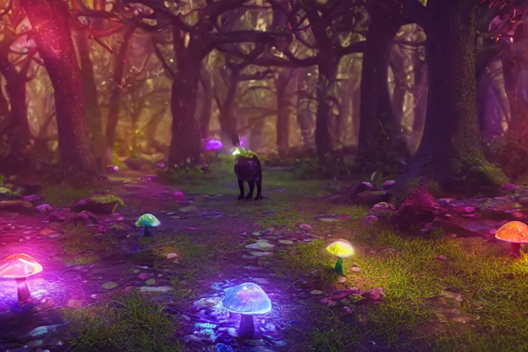 Image similar to A Pug walking in an enchanted fantasy forest. Glowing mushrooms. Colorful. Cinematic lighting. Photorealism.