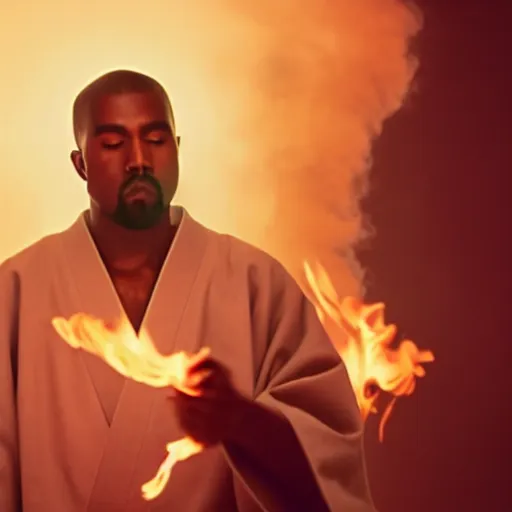 Image similar to cinematic film still of Kanye West starring as a Japanese Sensei with fire, Japanese CGI, VFX, 2020, 40mm lens, shallow depth of field, film photography