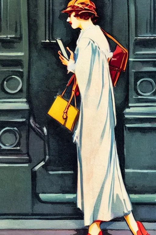 Image similar to high quality illustration of a pretty woman talking on her iphone while walking in the streets of New York in style of 1920s full color illustration by J.C. Leyendecker, colorful color palette