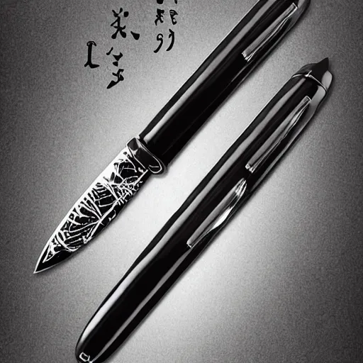 Prompt: a product photo ad of an ink pen knife by junji ito