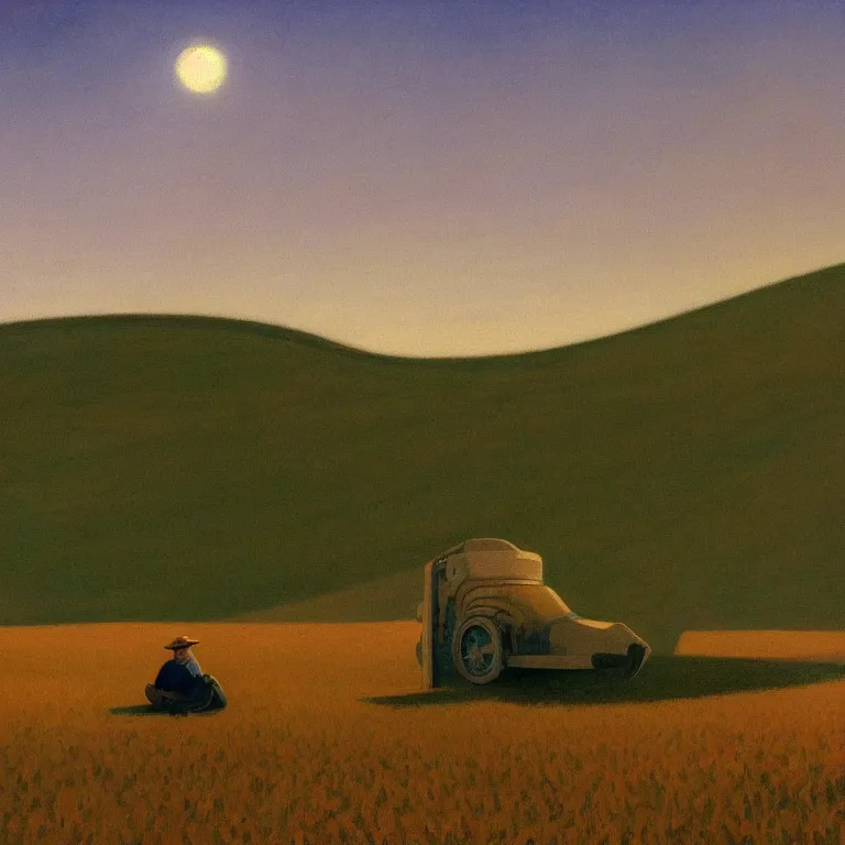 Image similar to a storybook illustration of a spaceship in cornfield, quiet foggy scene painted by Edward Hopper and Robert McGinnis masterpiece, intricate, elegant, fantasy, highly detailed, digital painting, concept art, sharp focus, artstation