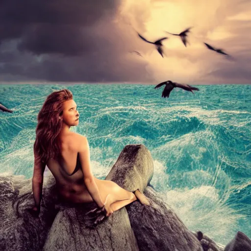 Prompt: Tom Hiddlestone as a beautiful mermaid sitting on a rock in the middle of a stormy ocean, watching the seagulls flying above him, hyperrealistic, hyperdetailed, depth of field, High definition, 8k, octane render, artstation