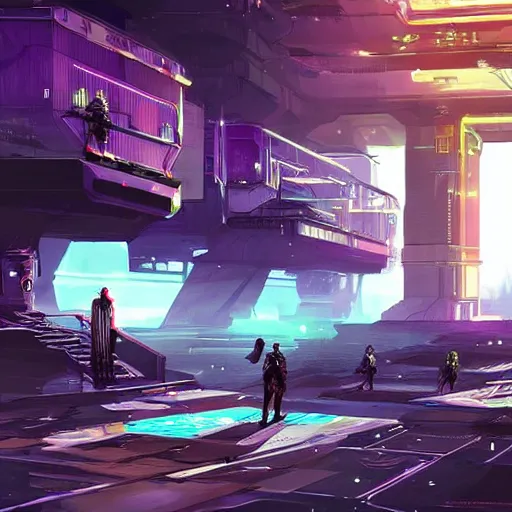 Prompt: concept art of an rpg game with a cyberpunk theme set on a space station