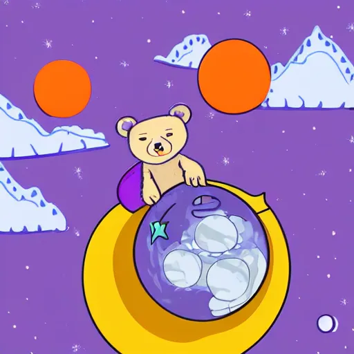 Image similar to cartoon illustration of a bear mascot being launched from a futuristic marble planet, purple and orange cloudland