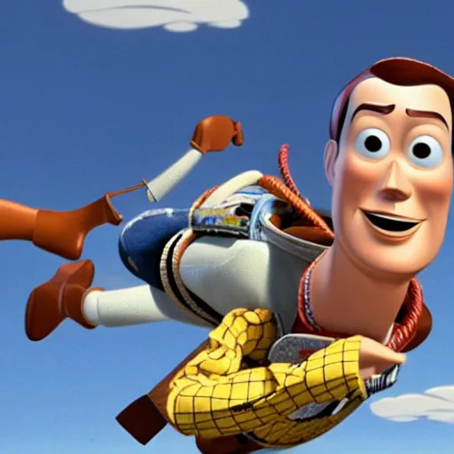 Prompt: woody from toy story skydiving