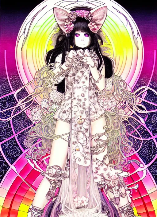 Image similar to highly detailed terada katsuya artstation manga poster of cat girl mechine, rainbow gradient reflection, ayami kojima, long hair, armor, dress, laces, ruffles, 8 k, maximalist, takato yamamoto, alphonse mucha