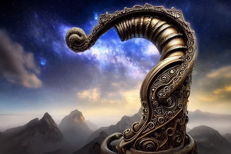 Image similar to intricate ornate varied tuba cloud sculpture landscape, art nouveau environment, tense, milky way, award winning art, epic dreamlike fantasy landscape, ultra realistic,