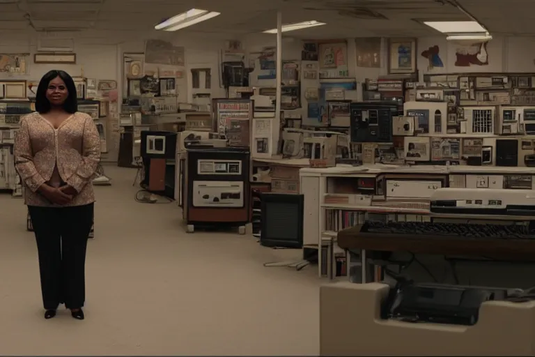 Prompt: cinematic screenshot of octavia spencer in a used electronics store standing in front of an old keyboard, iconic scene from the paranoid sci fi thriller film directed by pt anderson, apartment set in the near future, cinematic shot with anamorphic lenses, color theory, apartment design, leading lines, photorealistic, volumetric lighting, 2 0 2 2 4 k film
