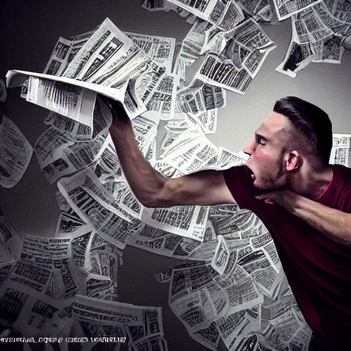 Prompt: professional photographic image of young angry man ripping newspapers, studio shot, dynamic lighting, high definition, highly detailed, photo-realistic, unreal engine render, 16k