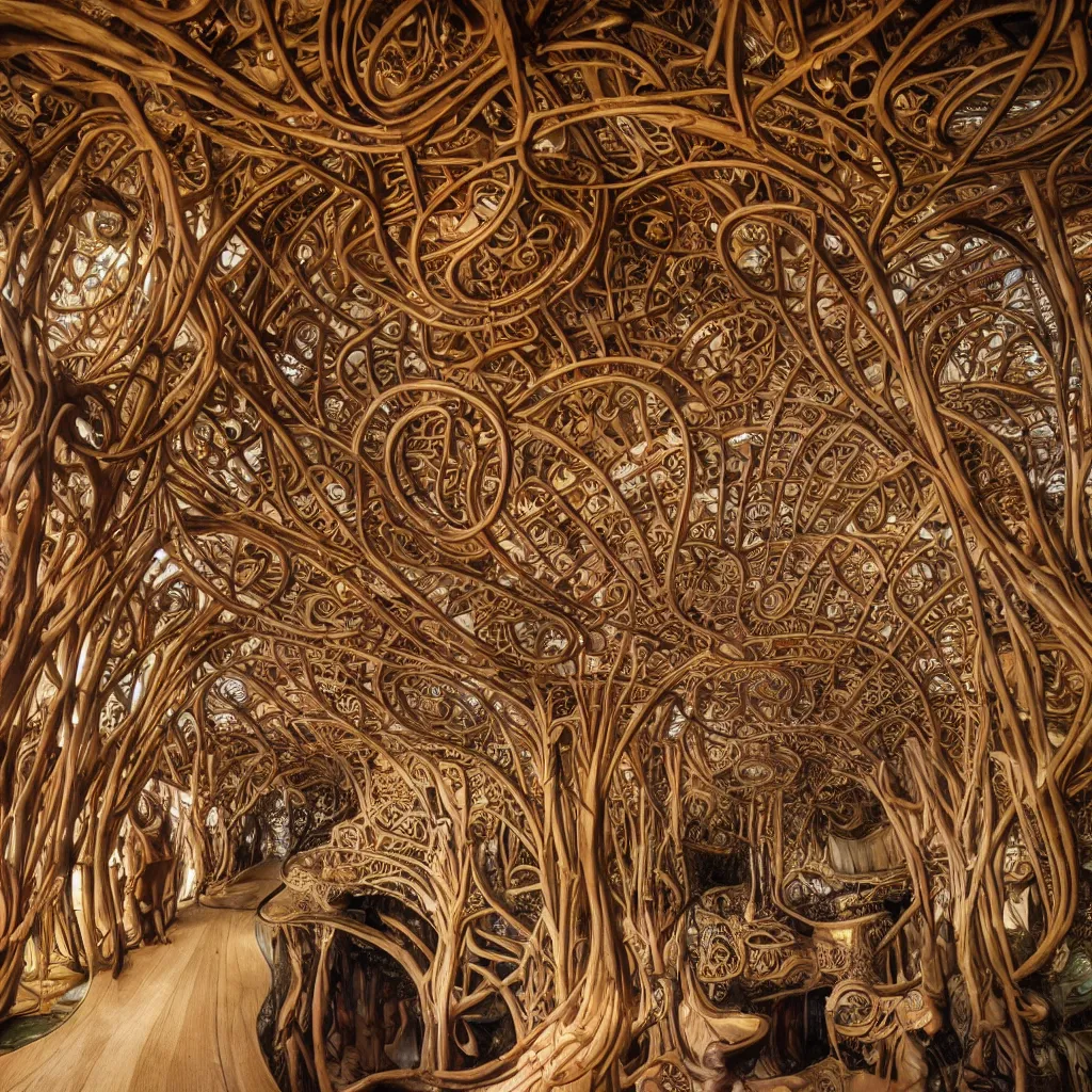 Prompt: bizarre surreal art nouveau japanese celtic hippie fairytale polynesian biomorphic interior architecture in live natural wood, inside vast cinematographic opening shot, sharp details, beautiful artistic masterpiece of photography