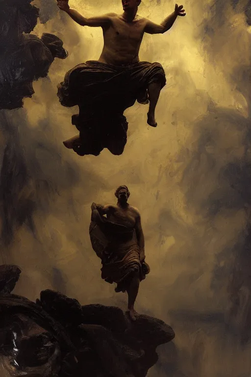 Image similar to beautiful detailed expressive impressionistic oil painting portrait of ancient roman god emperor steve buscemi levitating, ascending into the dark wearing the civic crown, renaissance painting, black background, art by anders zorn, wonderful masterpiece by greg rutkowski, expressive brush strokes, beautiful cinematic light, american romanticism by greg manchess, jessica rossier