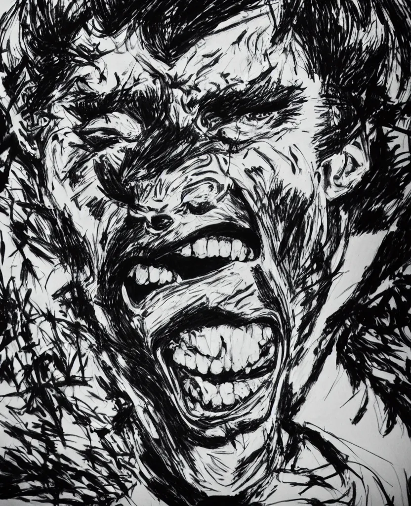 Prompt: a portrait of bruce lee screaming by mcbess, drawn with black and yellow permanent marker