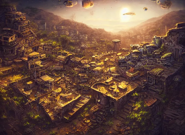 Image similar to ancient ruins favela, outer space environment, scenery, professional, award - winning, trending on artstation, hyper detailed, realistic, beautiful, emotional, shiny, golden, picture