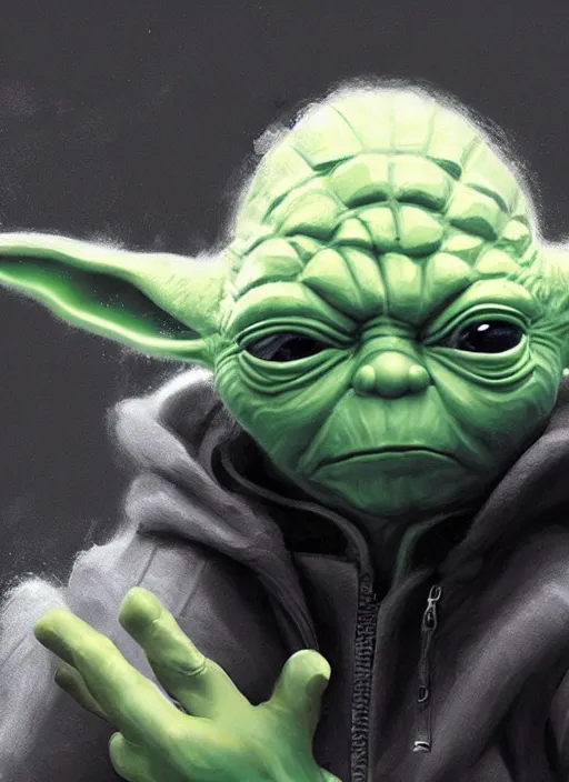 Prompt: Yoda wearing a black puffer jacket, wearing a baseball cap, elegant, digital painting, concept art, smooth, sharp focus, illustration, from StarCraft by Ruan Jia and Mandy Jurgens and Artgerm and William-Adolphe Bouguerea